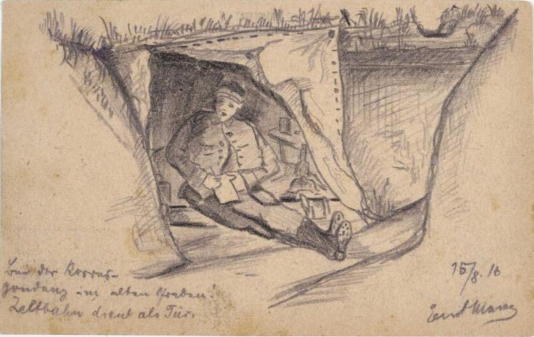 Zeichnung, Bleistift: Schreibende Soldat, der in einem provisorischen Unterstand in einem Schützengraben sitzt