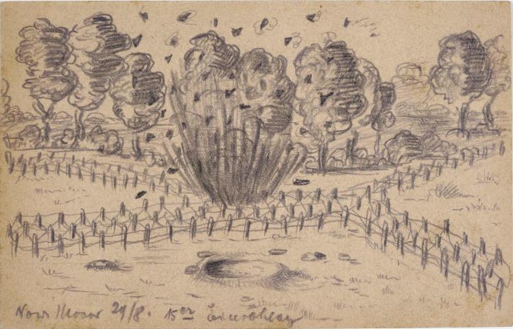 Drawing, graphite: Impact crater and explosion between barbed-wire fences, with deciduous trees in the background