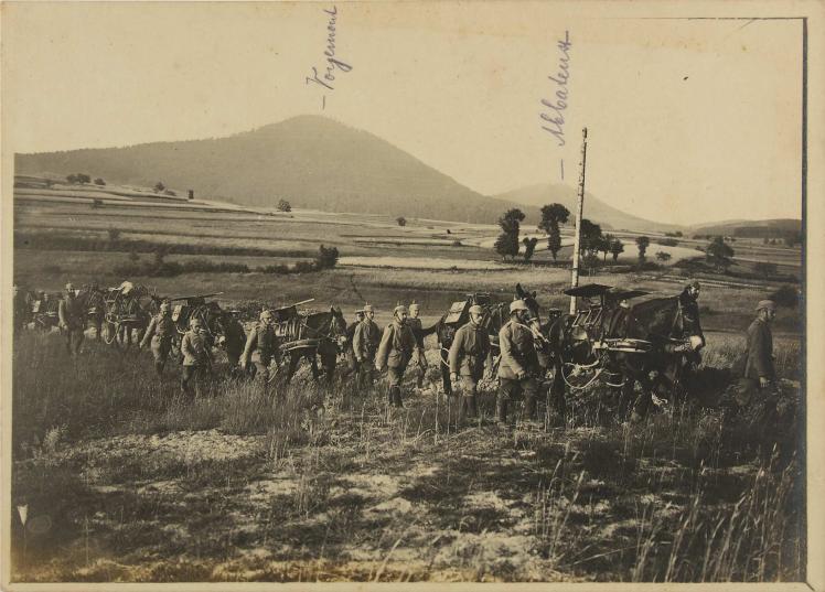 Black-and-white photograph: A line of soldiers with mules marching through a plain, hills in the background