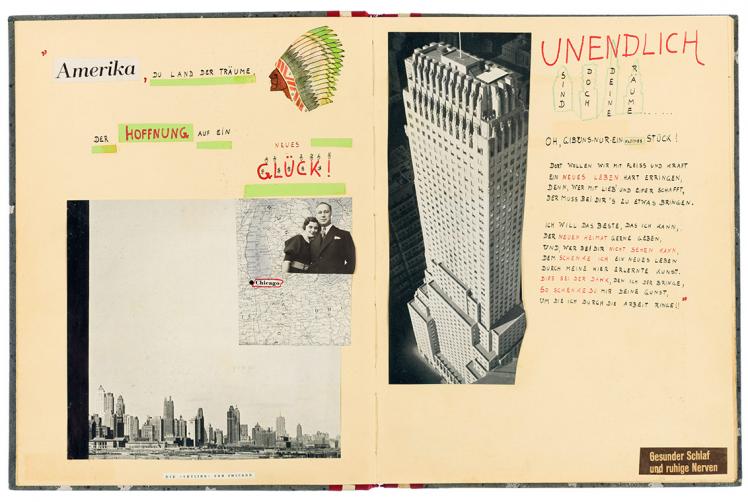 Opened album with pictures of the Chicago skyline, a skyscraper and a painted head with feather decoration, and handwritten text