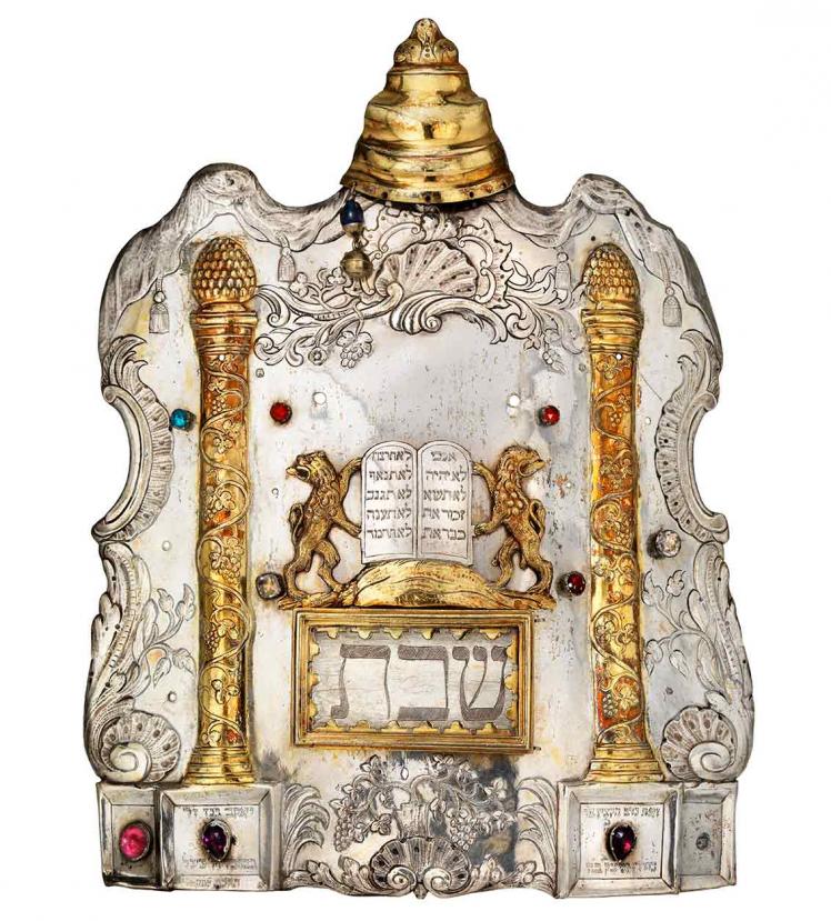 Silver Torah shield with gilded columns and lions holding law tablets