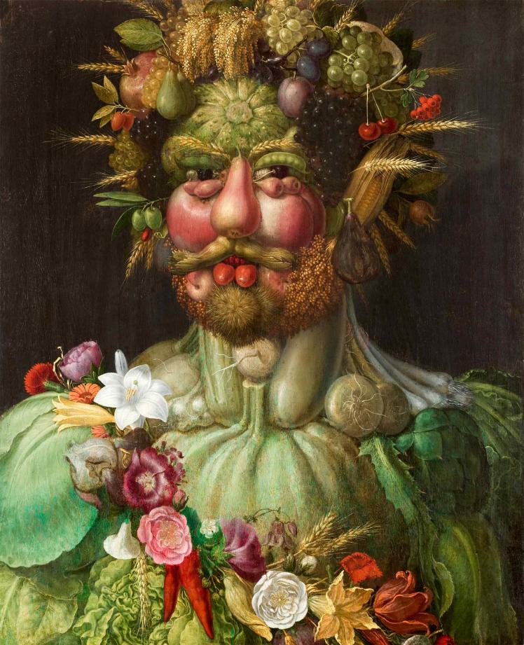 Aus Obst, Gemüse und Ähren geformtes Portrait eines Mannes