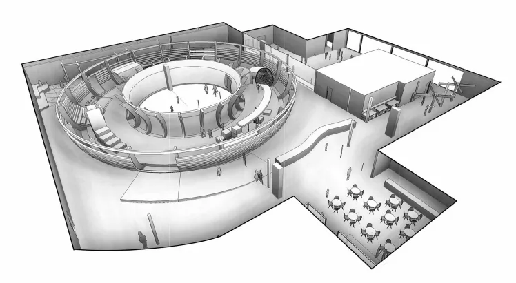Entwurf des Kindermuseums mit Eingangsbereich, Foyer, Bistro und Ausstellungsflächen. 
