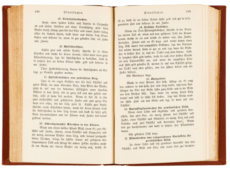 p.188-189 with recipes for Noodle Pancakes, Little Apple Strips, Little Apple Pieces in a Stirred Dough, Quick Tartlets in the Pan, Filled Rolls, Fried Eggs, Potato Pancakes for the Ordinary Table, Pancakes made of Raw Grated Potato for the Ordinary Table