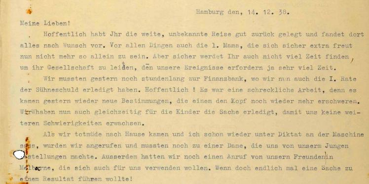 Ausschnitt aus einem maschinenschriftlichen Brief vom 14.12.1938