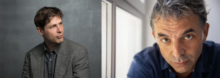 Collage of two portraits: A brunette man (Daniel Kehlmann) in half-profile looking to the right, and a gray-haired man (Etgar Keret) tilting his head slightly downward and casting an intense gaze from diagonally below into the camera.