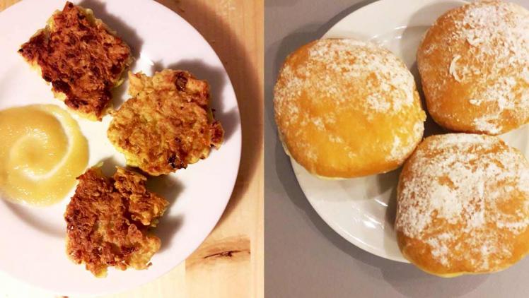 Collage: On the left of the image, three small latkes are plated alongside applesauce; on the right, a second plate with three sufganiot.
