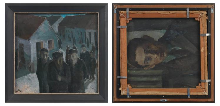 Zwei Gemälde. Das obere zeigt: eine Schlange älterer Menschen in einer dörflichen Umgebung. Das untere zeigt: das Porträt eines jungen Mannes.
