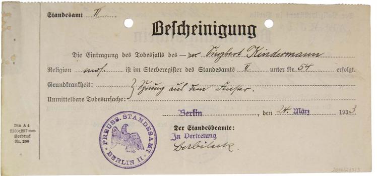 Vordruck mit handschriftlichen Eintragungen und Stempel des Preussischen Standesamts Berlin II