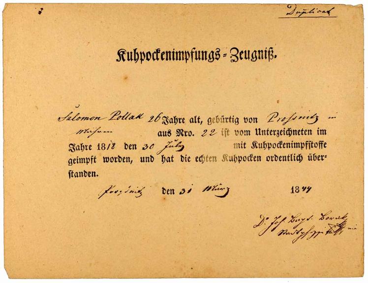 Handschriftlich ausgefülltes Kuhpockenimpfungs-Zeugnis für den 26-jährigen Salomon Pollak, 10 Zeilen, Unterschrift unleserlich, Impfdatum: 30.7.1844.
