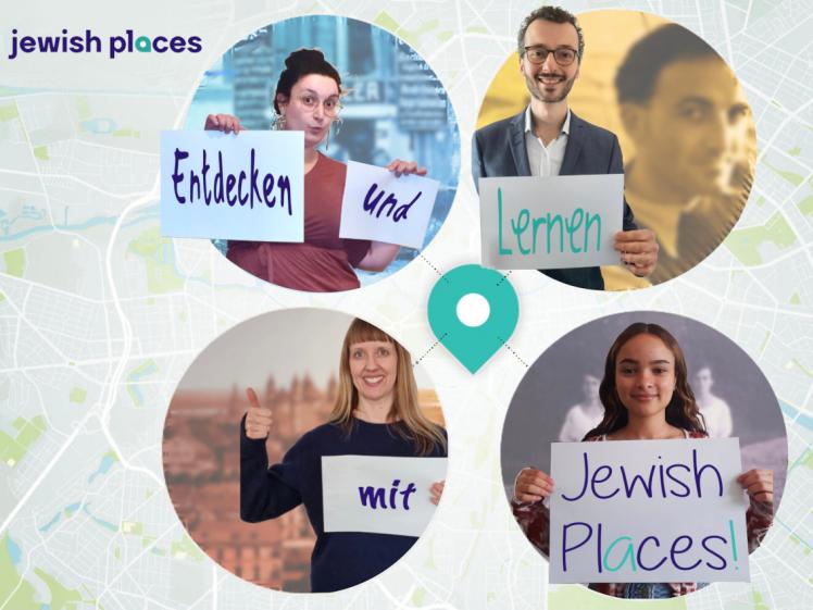 Graphic showing photos in four circles of people holding slips of paper with the words: "Discover and learn with jewish places".