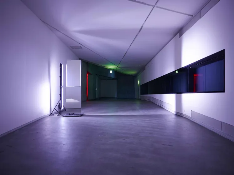 Eine Leuchte taucht den Raum in bläulich-violettes Licht
