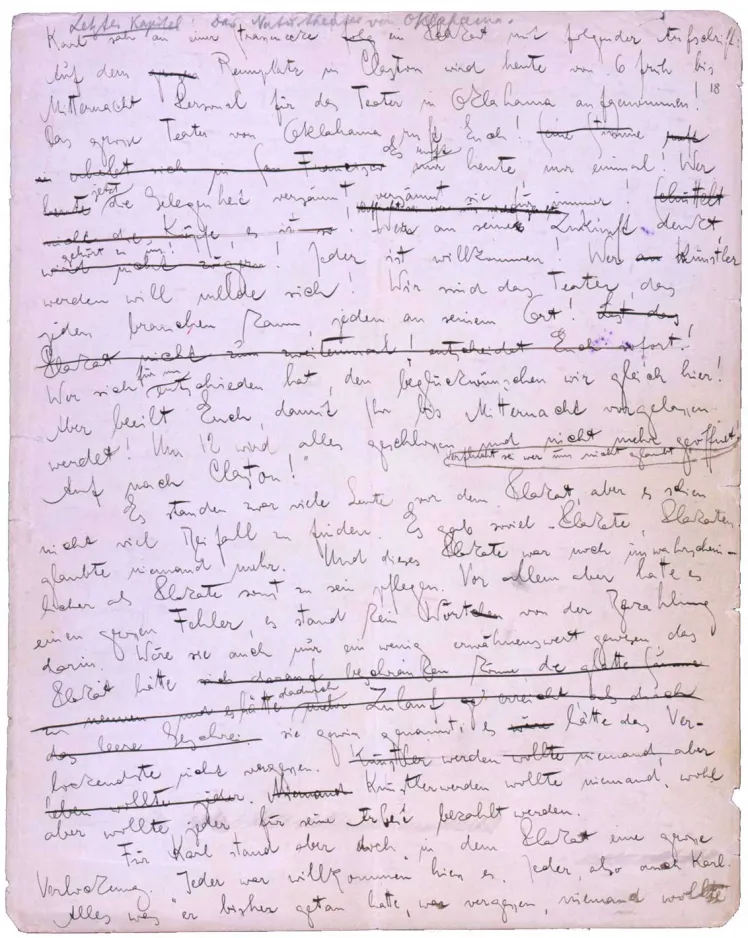 Handschriftlies Manuskript von Franz Kafka mit diversen Streichungen und der Überschrift: „Letztes Kapitel“, Transkription unter dem Bild.
