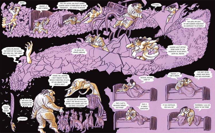 A double-page spread from the comic Moishe, showing how Moishe dreams of Lavater and has to be comforted by his wife Fromet.