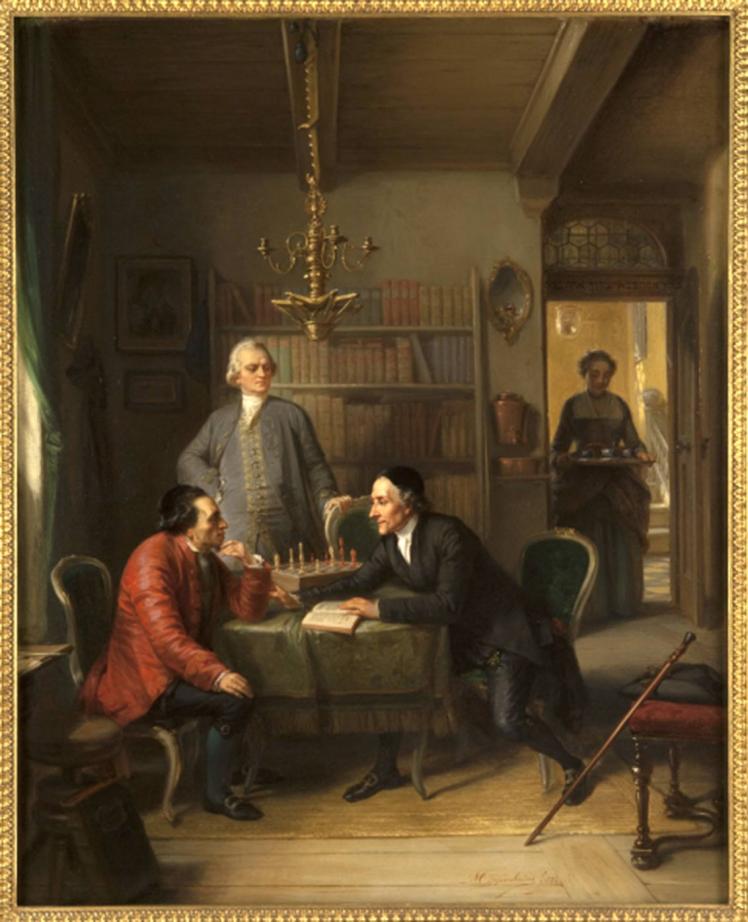 Painting: two men in eighteenth-century dress seated at a table, deep in discussion, with a third man standing behind them; a woman is entering the room carrying a tray
