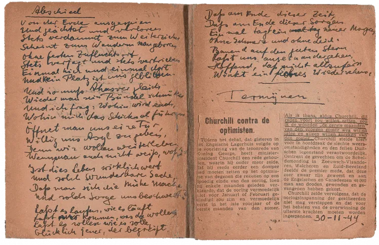 Aufgeschlagene Doppelseite mit dem handschriftlichen Gedicht: Abschied.