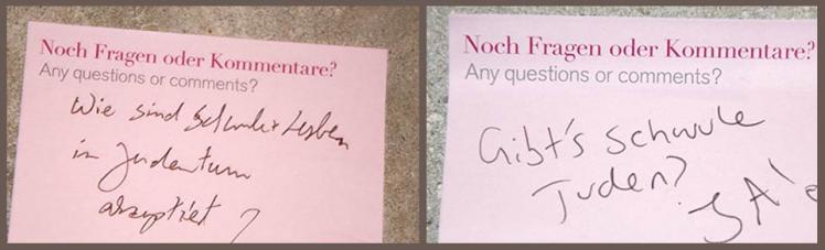 Post-its with questions: "How are gays + lesbians accepted in Judaism?" and "Are there gay Jews? YES!”