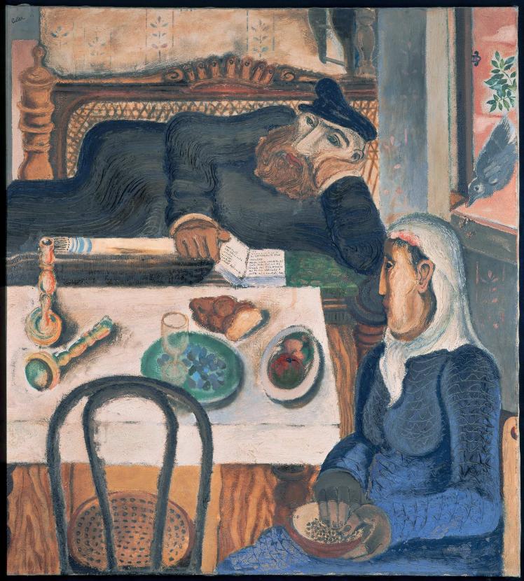 Oil painting with view into a parlor: a man is lying on his tallit, a woman is looking at the table where things from Shabbat are still lying