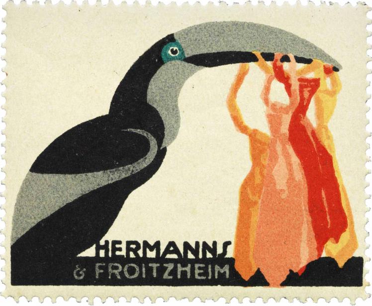 Postage stamp of a illustration of a black and grey tucan bird holding colorful ties in his beak
