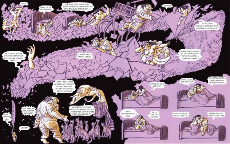 Eine Doppelseite aus dem Comic Moische, auf der dargestellt wird, wie Moische von Lavater träumt und von seiner Frau Fromet getröstet werden muss