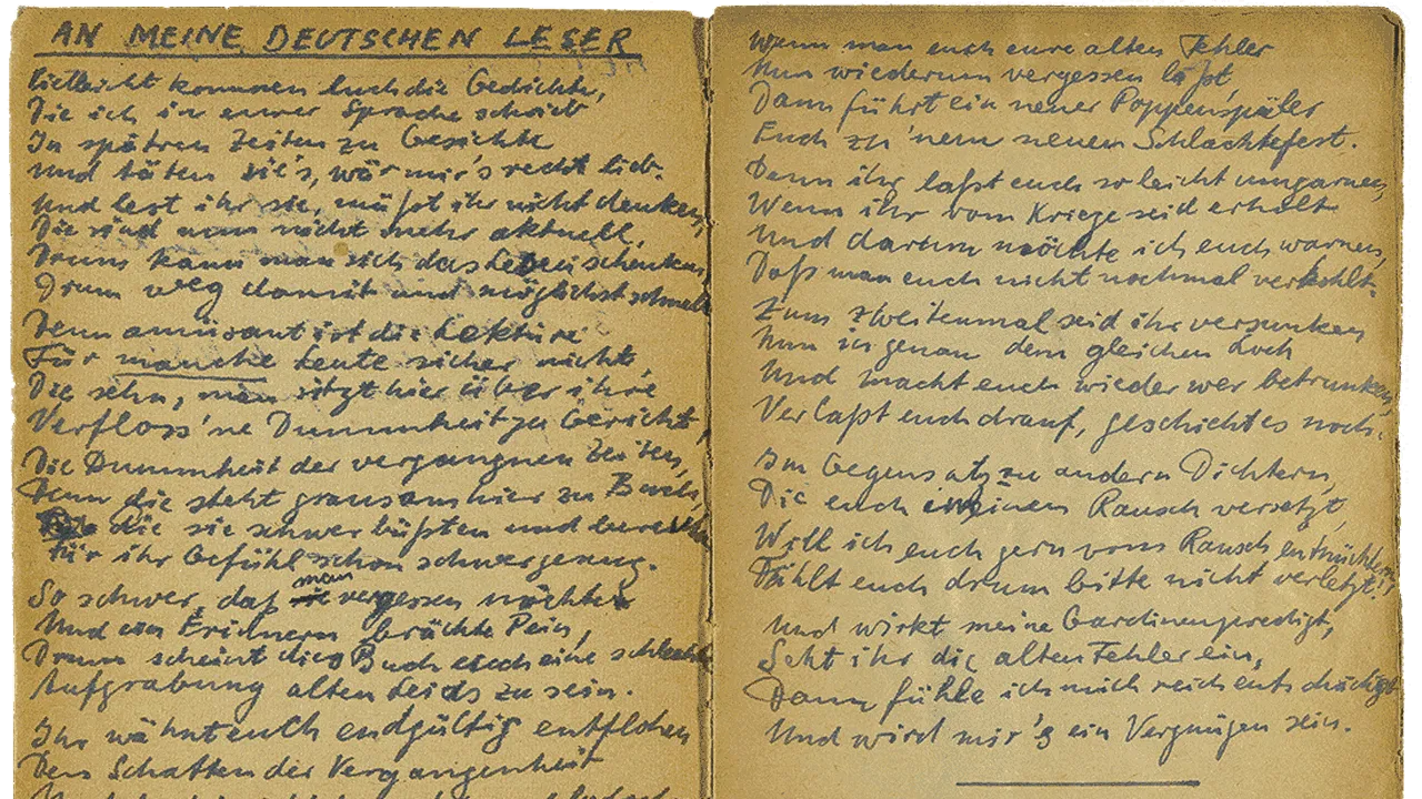 Handschriftlich verfasste Doppelseite mit Überschrift „An meine deutschen Leser“.
