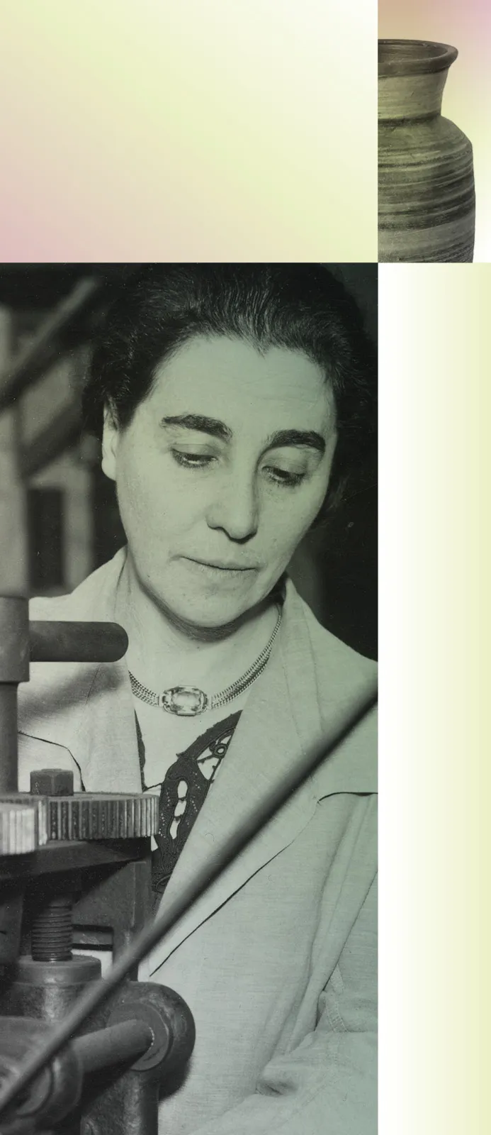 Montage of a historic photo featuring a woman in a workshop and an object image.