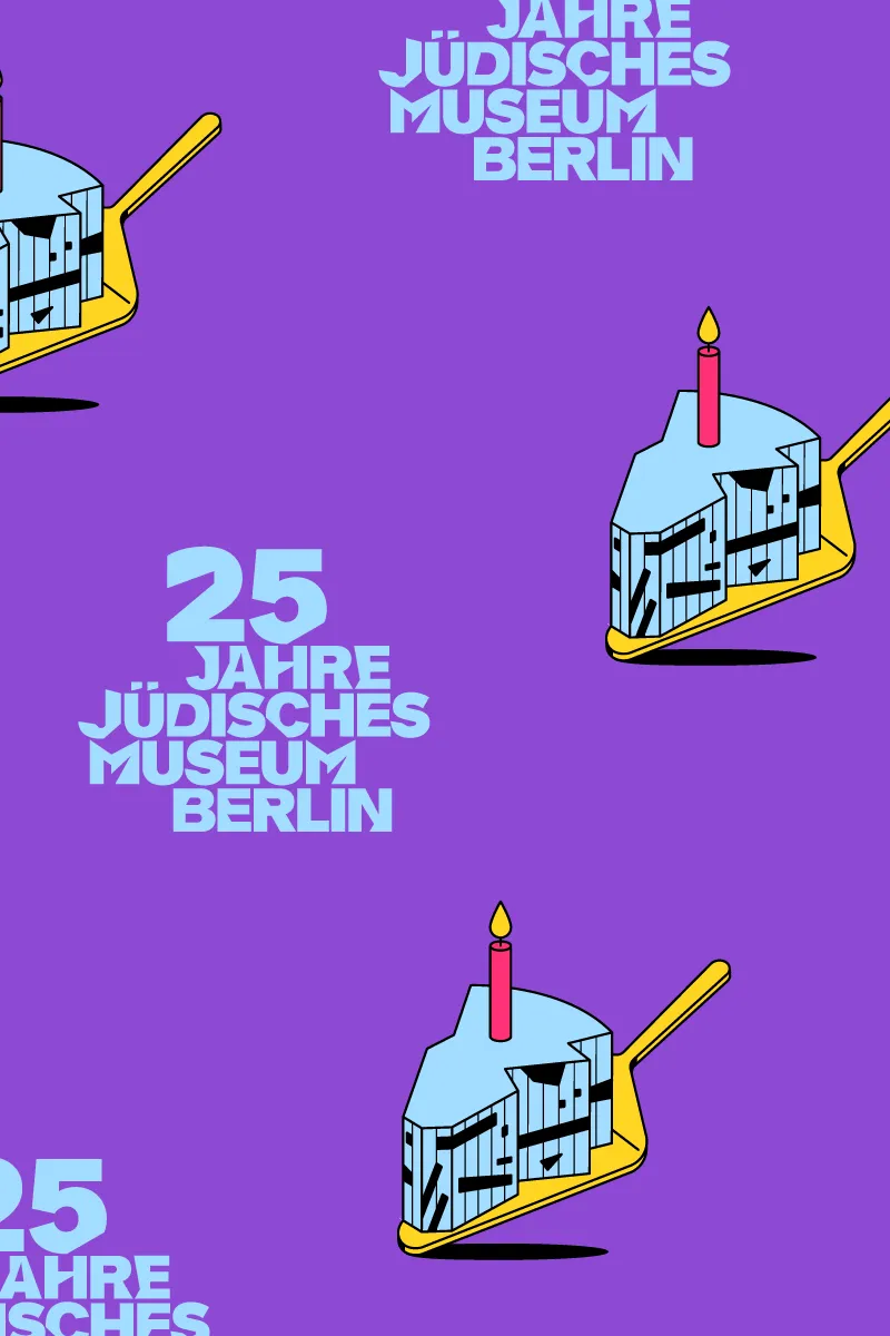 Slices of cake and blue letters on lila background.