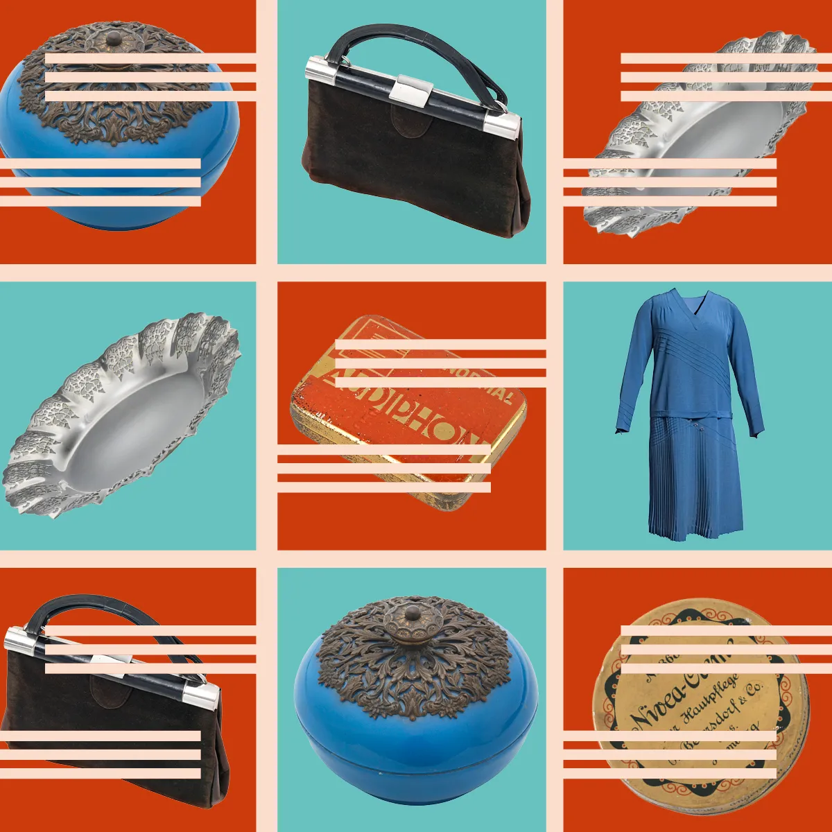 Several objects, namely a porcelain box, a handbag, a plate, a gramophone needle box, a dress and a cream jar alternate on an orange and light blue background, with the Schocken logo in the shape of an S above.