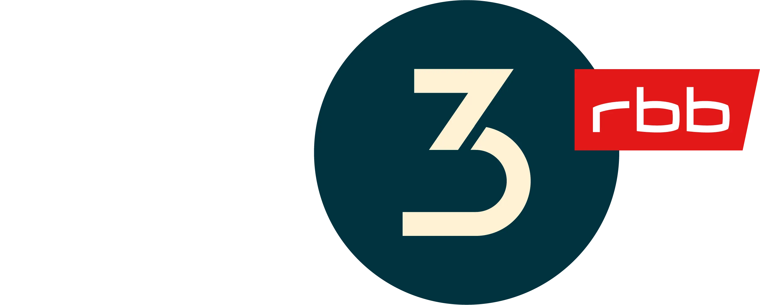 Logo of the public broadcaster “radio3 rbb”. Yellow three on a black circle, next to it white letters on a red background.