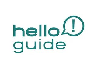 Logo der Firma Helloguide, grüne Schrift auf weißem Hintergrund