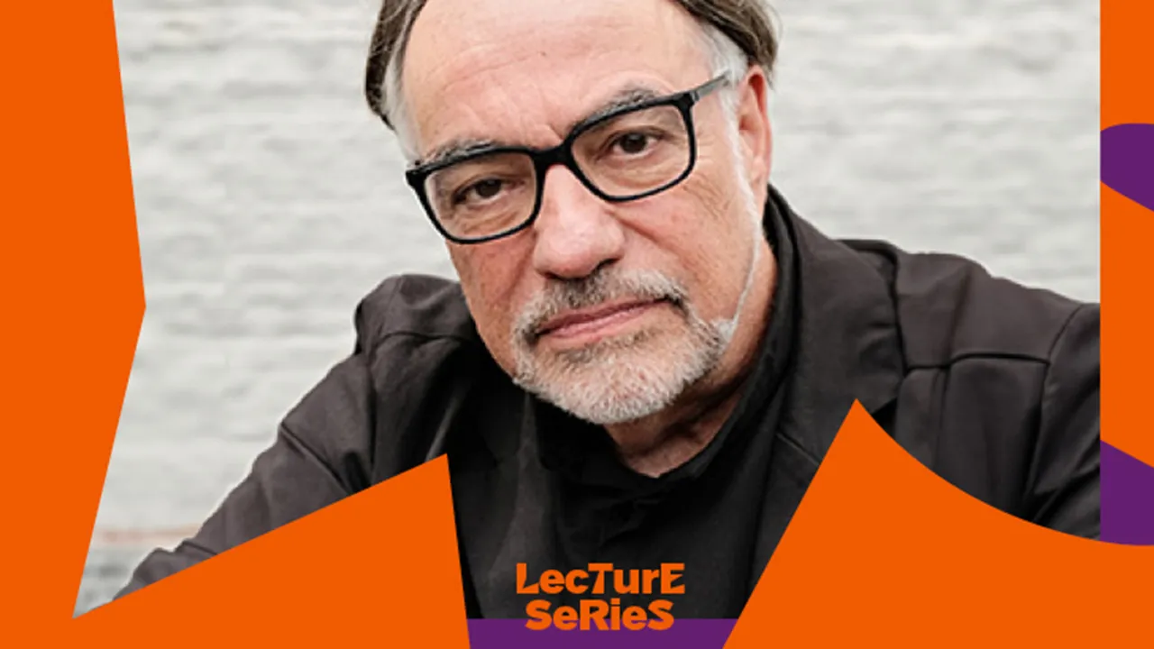 Portrait of a serious looking man with graphic elements in purple and orange as a frame.