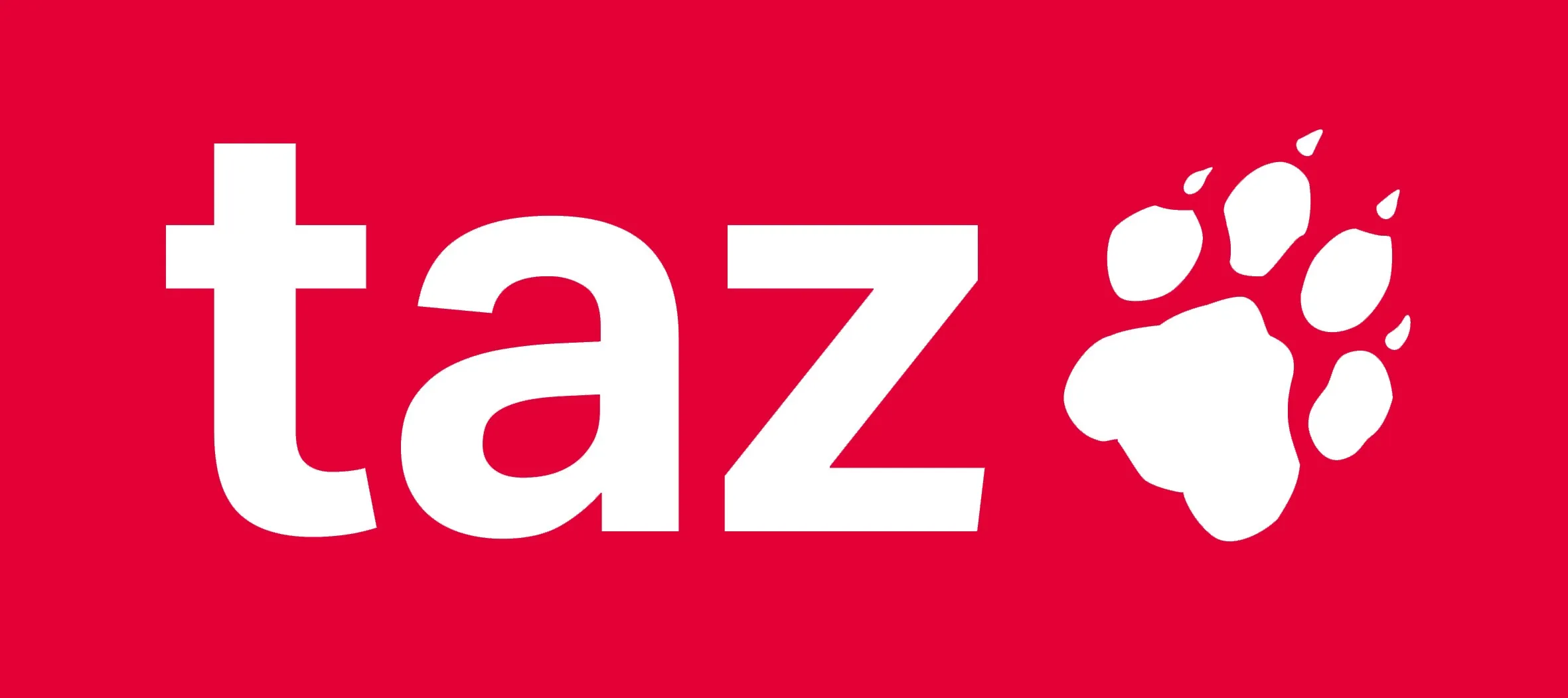 Logo: taz in weißer Schrift auf rotem Hintergrund, daneben eine stilisierte Tatze.
