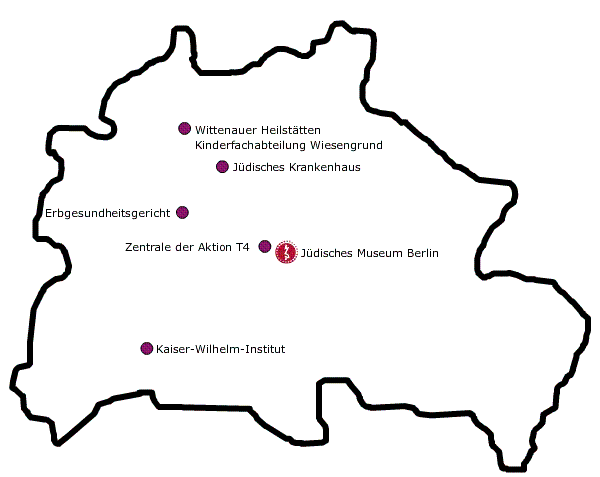 Stilisierte Berlin-Karte mit eingezeichneter Position von Orten in Berlin, die in direktem Zusammenhang mit den Maßnahmen und Tötungen im Rahmen der Euthanasieaktionen während der NS-Zeit stehen