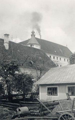 Black-and-white photograph of the building